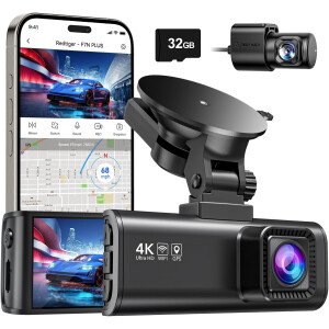REDTIGER Cámara de tablero frontal trasera, cámara de tablero Full HD 4K/2.5K para automóviles, incluida tarjeta de 32 GB, GPS Wi-Fi integrado, pantalla IPS de 3.16 pulgadas, visión nocturna, ángulo