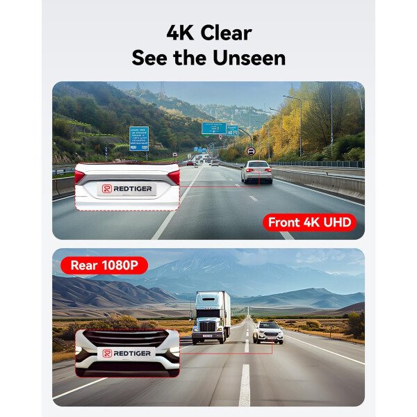 REDTIGER Cámara de tablero frontal trasera, cámara de tablero Full HD 4K/2.5K para automóviles, incluida tarjeta de 32 GB, GPS Wi-Fi integrado, pantalla IPS de 3.16 pulgadas, visión nocturna, ángulo - Imagen 2