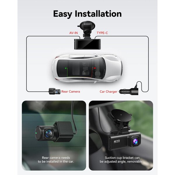 REDTIGER Cámara de tablero frontal trasera, cámara de tablero Full HD 4K/2.5K para automóviles, incluida tarjeta de 32 GB, GPS Wi-Fi integrado, pantalla IPS de 3.16 pulgadas, visión nocturna, ángulo - Imagen 8