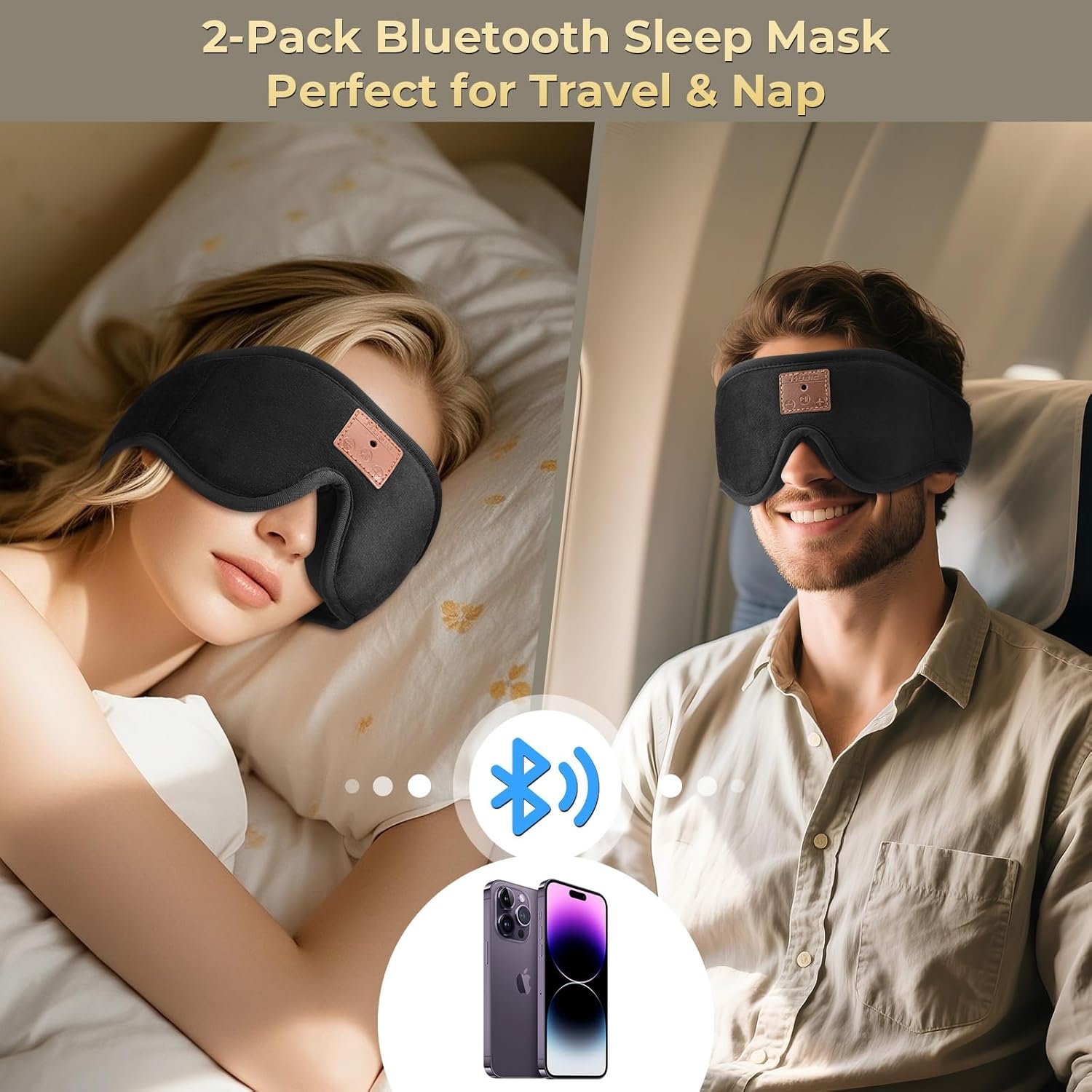 Paquete de 2 mascarillas 3D para dormir con auriculares Bluetooth, audífonos para dormir, máscara de ojos Bluetooth con gancho y bucle ajustables, altavoces estéreo ultrafinos perfectos para - Imagen 3