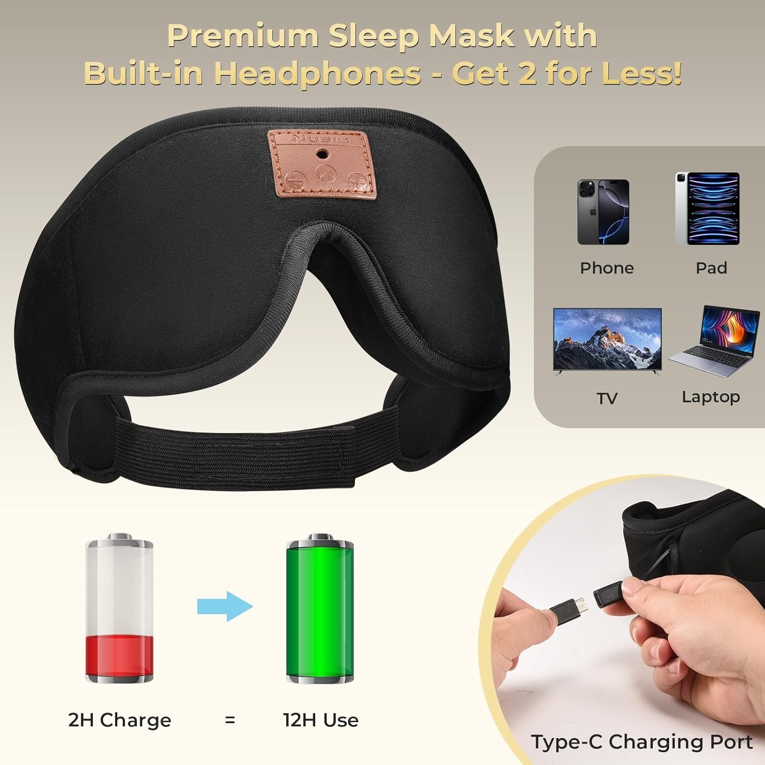 Paquete de 2 mascarillas 3D para dormir con auriculares Bluetooth, audífonos para dormir, máscara de ojos Bluetooth con gancho y bucle ajustables, altavoces estéreo ultrafinos perfectos para - Imagen 5