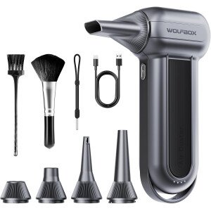 WOLFBOX MF100 - Plumero de aire eléctrico de 150000 RPM Super Power inalámbrico, motor sin escobillas recargable, soplador duradero, soplador de polvo ajustable de 3 engranajes para computadora,