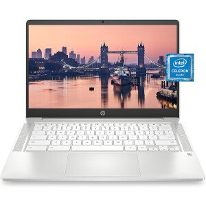 HP Laptop Chromebook 14, procesador Intel Celeron N4000, 4 GB de RAM, 32 GB eMMC, pantalla HD de 14 pulgadas, cromo, computadora ligera con cámara web y micrófonos duales, hogar, escuela, música,