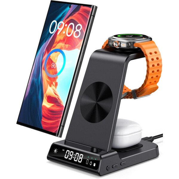 Cargador inalámbrico para Samsung, estación de carga inalámbrica 3 en 1 para Samsung Galaxy S25 Ultra/S24 Ultra/S23/S22/Note 20/Z Flip 7/Fold 6, cargador para Samsung Galaxy Watch Ultra/8/7/6, Galaxy