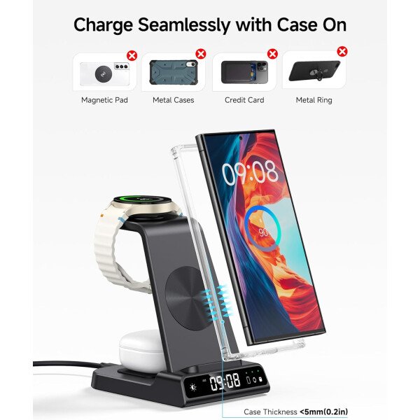 Cargador inalámbrico para Samsung, estación de carga inalámbrica 3 en 1 para Samsung Galaxy S25 Ultra/S24 Ultra/S23/S22/Note 20/Z Flip 7/Fold 6, cargador para Samsung Galaxy Watch Ultra/8/7/6, Galaxy - Imagen 6