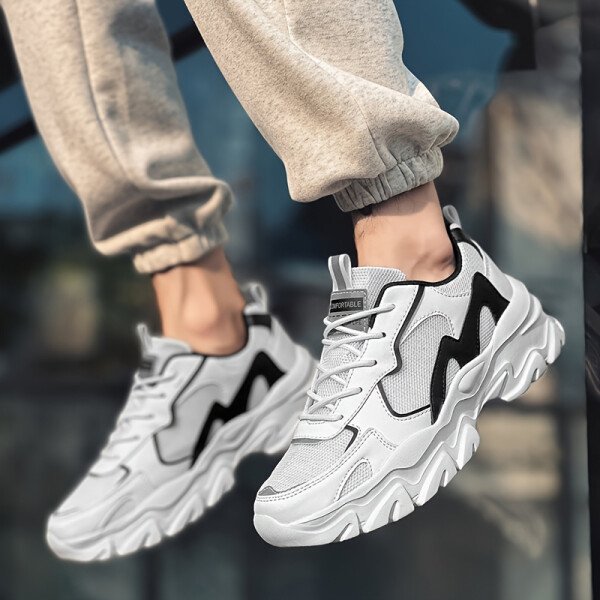 Tenis casuales para hombre, transpirables con malla y parte superior de PU, suela gruesa de EVA, diseño con cordones para actividades al aire libre, correr y uso diario | Zapatos casuales modernos de caña baja | Plantilla cómoda de tela - Imagen 2
