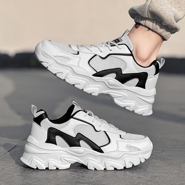 Tenis casuales para hombre, transpirables con malla y parte superior de PU, suela gruesa de EVA, diseño con cordones para actividades al aire libre, correr y uso diario | Zapatos casuales modernos de caña baja | Plantilla cómoda de tela - Imagen 6