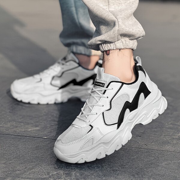 Tenis casuales para hombre, transpirables con malla y parte superior de PU, suela gruesa de EVA, diseño con cordones para actividades al aire libre, correr y uso diario | Zapatos casuales modernos de caña baja | Plantilla cómoda de tela - Imagen 9