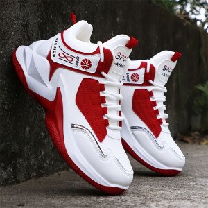 Zapatillas de deporte de hombre de alta cintura - Zapatillas de correr ligeras con suela de goma antideslizante, zapatillas blancas y rojas con acentos para gimnasio, senderismo, uso diario - Zapatillas de gimnasio con cordones para todas las estaciones para hombres, zapatillas de alta cintura, calzado de senderismo, diseño deportivo elegante, forro de tela transpirable, aspecto deportivo, construcción duradera, calzado versátil, estilo de vida activo