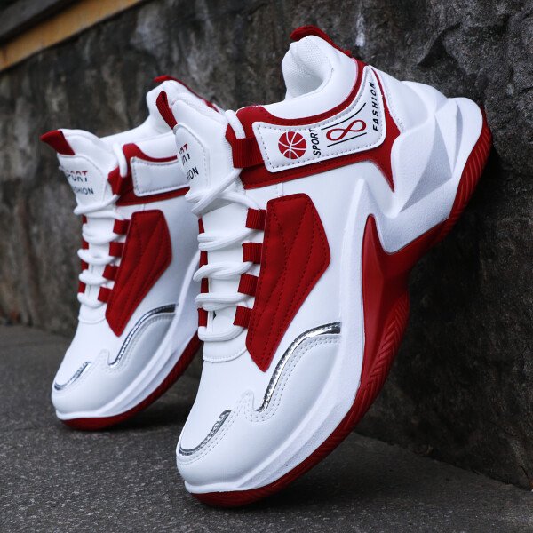 Zapatillas de deporte de hombre de alta cintura - Zapatillas de correr ligeras con suela de goma antideslizante, zapatillas blancas y rojas con acentos para gimnasio, senderismo, uso diario - Zapatillas de gimnasio con cordones para todas las estaciones para hombres, zapatillas de alta cintura, calzado de senderismo, diseño deportivo elegante, forro de tela transpirable, aspecto deportivo, construcción duradera, calzado versátil, estilo de vida activo - Imagen 2