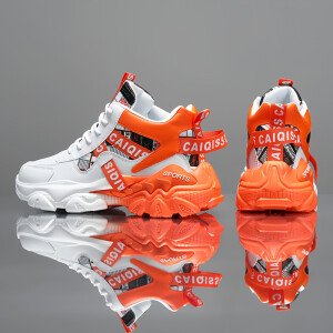 Zapatillas Altas para Hombre - Diseño Geométrico Blanco y Naranja con Acolchado Cómodo, Suela de PVC, Calzado Casual para Gimnasio, Senderismo y Uso Diario, Forro Transpirable y Soporte Arqueado - Estilo Urbano/Outdoor