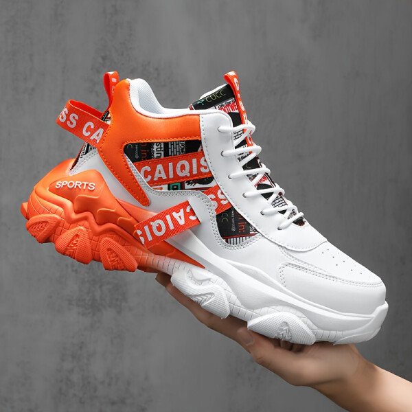 Zapatillas Altas para Hombre - Diseño Geométrico Blanco y Naranja con Acolchado Cómodo, Suela de PVC, Calzado Casual para Gimnasio, Senderismo y Uso Diario, Forro Transpirable y Soporte Arqueado - Estilo Urbano/Outdoor - Imagen 4
