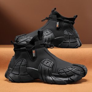 Zapatos deportivos casuales de media caña para hombre, estilo vintage deportivo urbano - Botas de senderismo informales de color liso para todas las estaciones, sin cordones, parte superior de PU y tela, interior de tela, suela de PVC, punta redonda, zapatos para exteriores