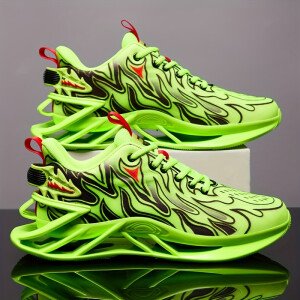 Tenis para hombre en verde neón y negro, transpirables para correr - Suela de TPU absorbente de impactos, amortiguación EVA, zapatillas deportivas ligeras de caña baja con diseño a rayas para gimnasio, jogging y uso casual, diseño deportivo elegante, suela acolchada EVA