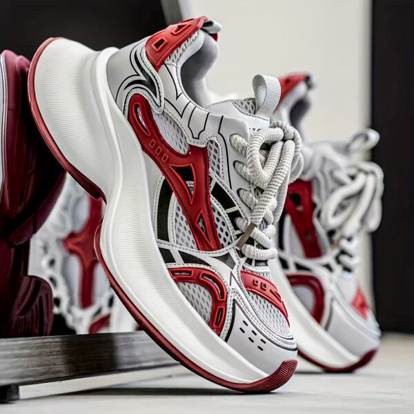 Zhenyuezu Zapatillas Bajas para Hombre - Blanco/Rojo/, Tejido Transpirable con Cordones, Suela de PVC Acolchada y Diseño Antideslizante Ideal para Gimnasio o Uso Casual en Toda Temporada (Detalle Granate)
