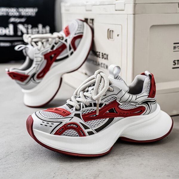 Zhenyuezu Zapatillas Bajas para Hombre - Blanco/Rojo/, Tejido Transpirable con Cordones, Suela de PVC Acolchada y Diseño Antideslizante Ideal para Gimnasio o Uso Casual en Toda Temporada (Detalle Granate) - Imagen 5