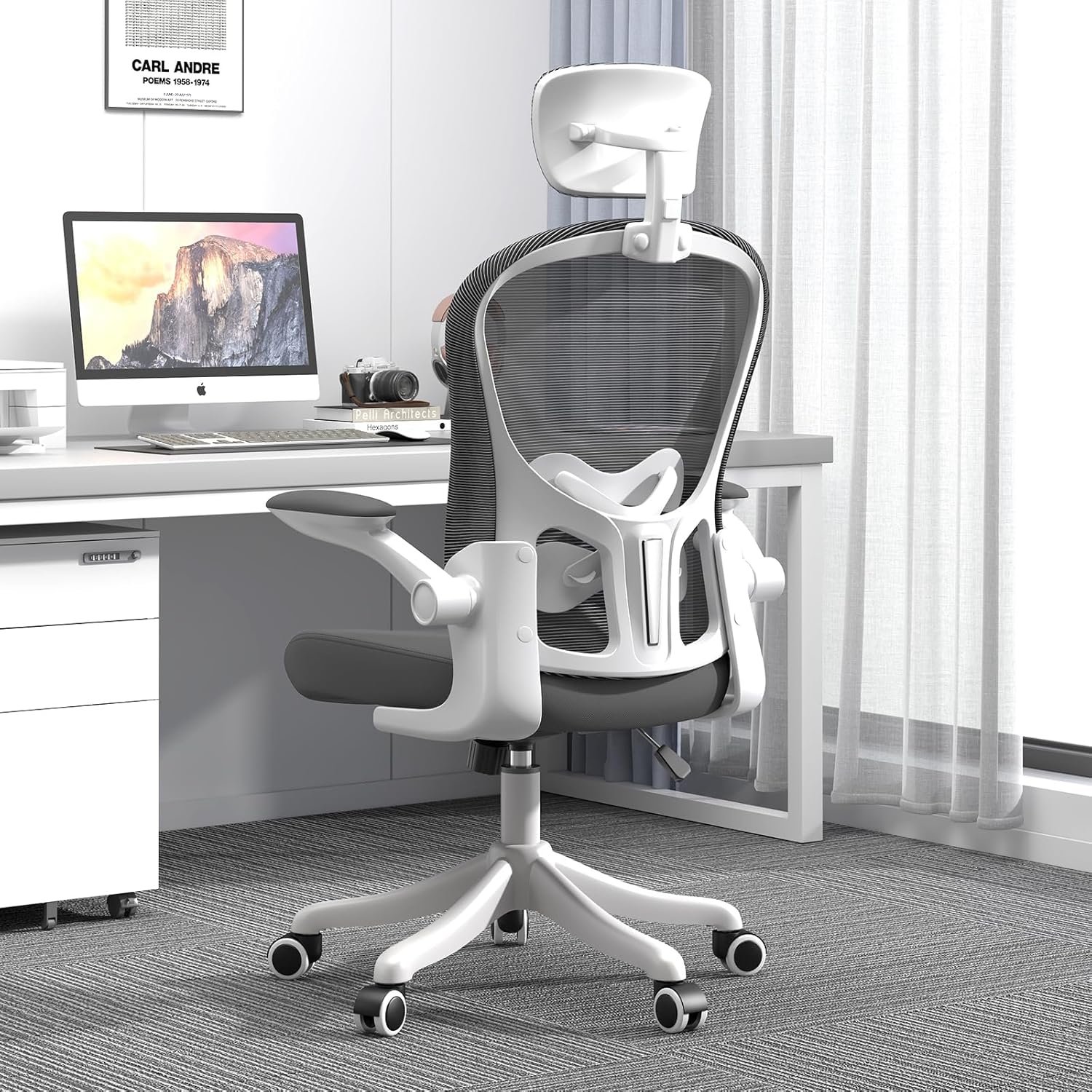 Asiento microajustable detallado, asiento de elevación y movimiento, soporte lumbar 2D, reposabrazos 2D con reposacabezas. Silla de oficina, silla de estudio, silla de juego. (W-gris)