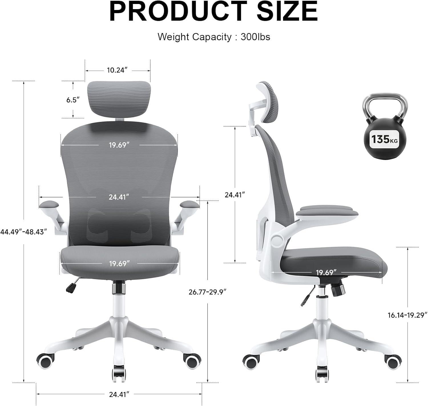 Asiento microajustable detallado, asiento de elevación y movimiento, soporte lumbar 2D, reposabrazos 2D con reposacabezas. Silla de oficina, silla de estudio, silla de juego. (W-gris) - Imagen 2
