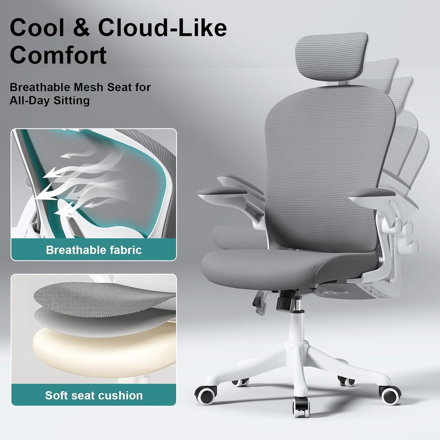 Asiento microajustable detallado, asiento de elevación y movimiento, soporte lumbar 2D, reposabrazos 2D con reposacabezas. Silla de oficina, silla de estudio, silla de juego. (W-gris) - Imagen 3