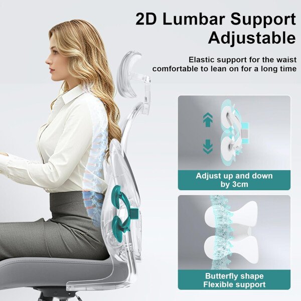 Asiento microajustable detallado, asiento de elevación y movimiento, soporte lumbar 2D, reposabrazos 2D con reposacabezas. Silla de oficina, silla de estudio, silla de juego. (W-gris) - Imagen 4