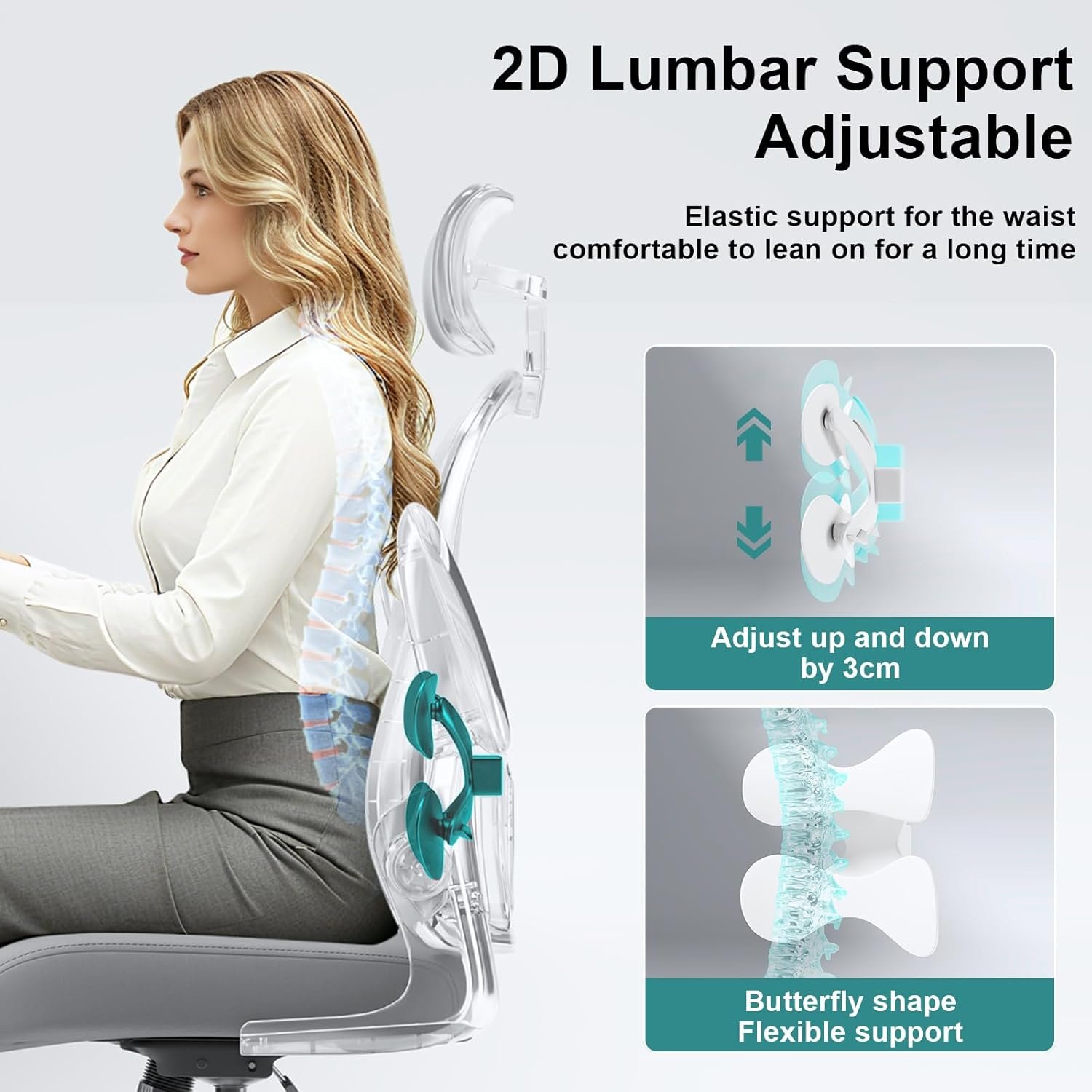 Asiento microajustable detallado, asiento de elevación y movimiento, soporte lumbar 2D, reposabrazos 2D con reposacabezas. Silla de oficina, silla de estudio, silla de juego. (W-gris) - Imagen 4