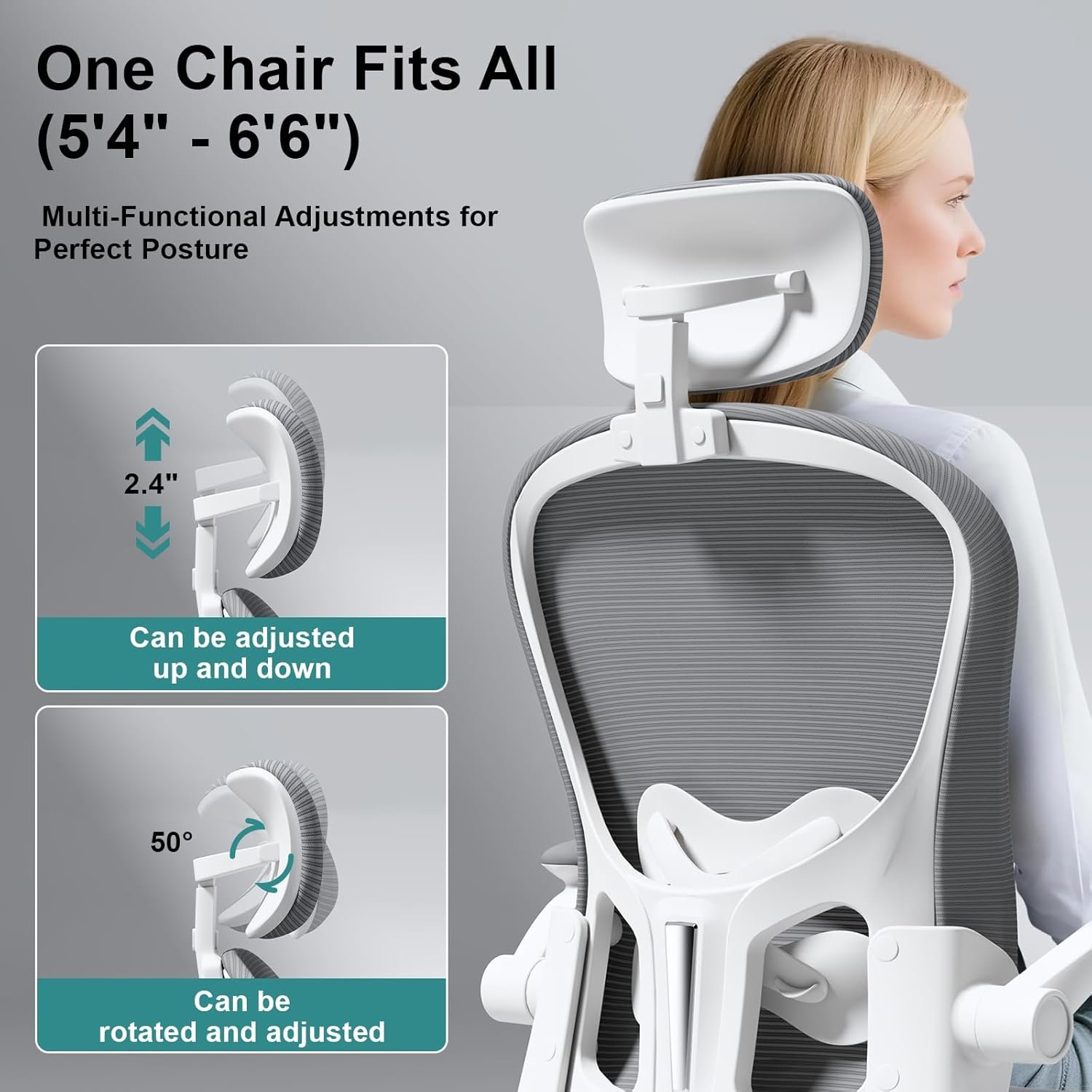 Asiento microajustable detallado, asiento de elevación y movimiento, soporte lumbar 2D, reposabrazos 2D con reposacabezas. Silla de oficina, silla de estudio, silla de juego. (W-gris) - Imagen 5