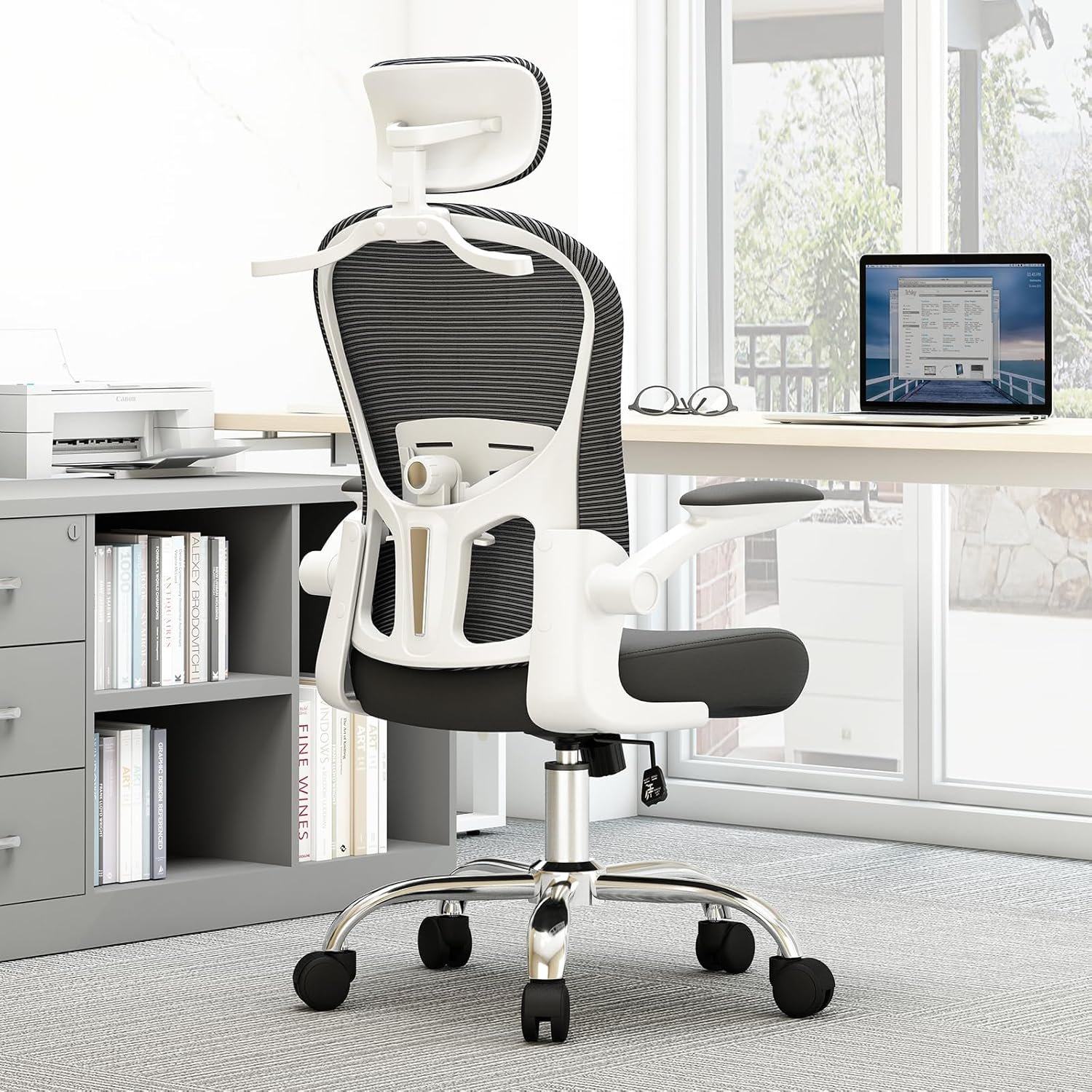 Asiento microajustable detallado, asiento de elevación y movimiento, soporte lumbar 2D, reposabrazos 2D con reposacabezas. Silla de oficina, silla de estudio, silla de juego. (W-gris) - Imagen 10