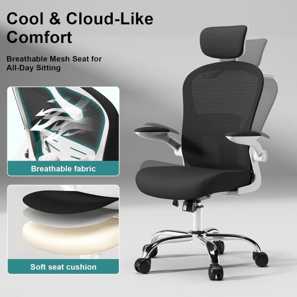 Asiento microajustable detallado, asiento de elevación y movimiento, soporte lumbar 2D, reposabrazos 2D con reposacabezas. Silla de oficina, silla de estudio, silla de juego. (W-gris) - Imagen 12