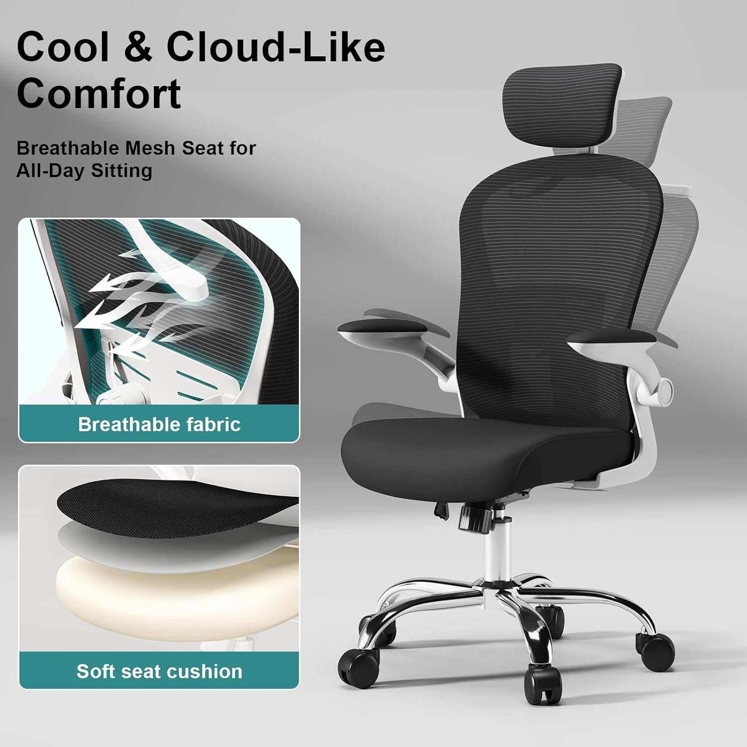 Asiento microajustable detallado, asiento de elevación y movimiento, soporte lumbar 2D, reposabrazos 2D con reposacabezas. Silla de oficina, silla de estudio, silla de juego. (W-gris) - Imagen 12
