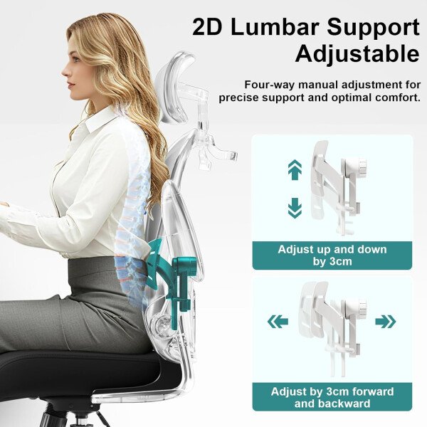 Asiento microajustable detallado, asiento de elevación y movimiento, soporte lumbar 2D, reposabrazos 2D con reposacabezas. Silla de oficina, silla de estudio, silla de juego. (W-gris) - Imagen 15