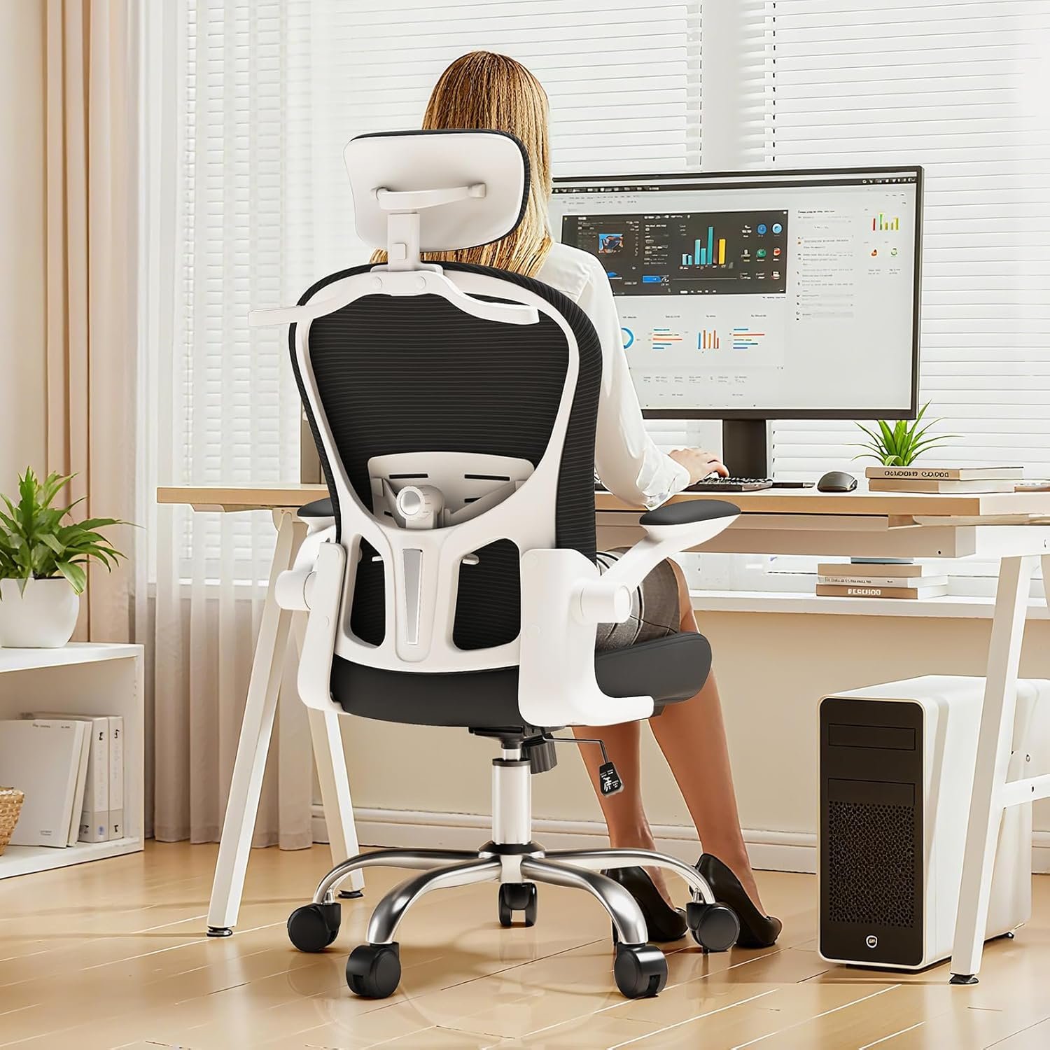 Asiento microajustable detallado, asiento de elevación y movimiento, soporte lumbar 2D, reposabrazos 2D con reposacabezas. Silla de oficina, silla de estudio, silla de juego. (W-gris) - Imagen 16