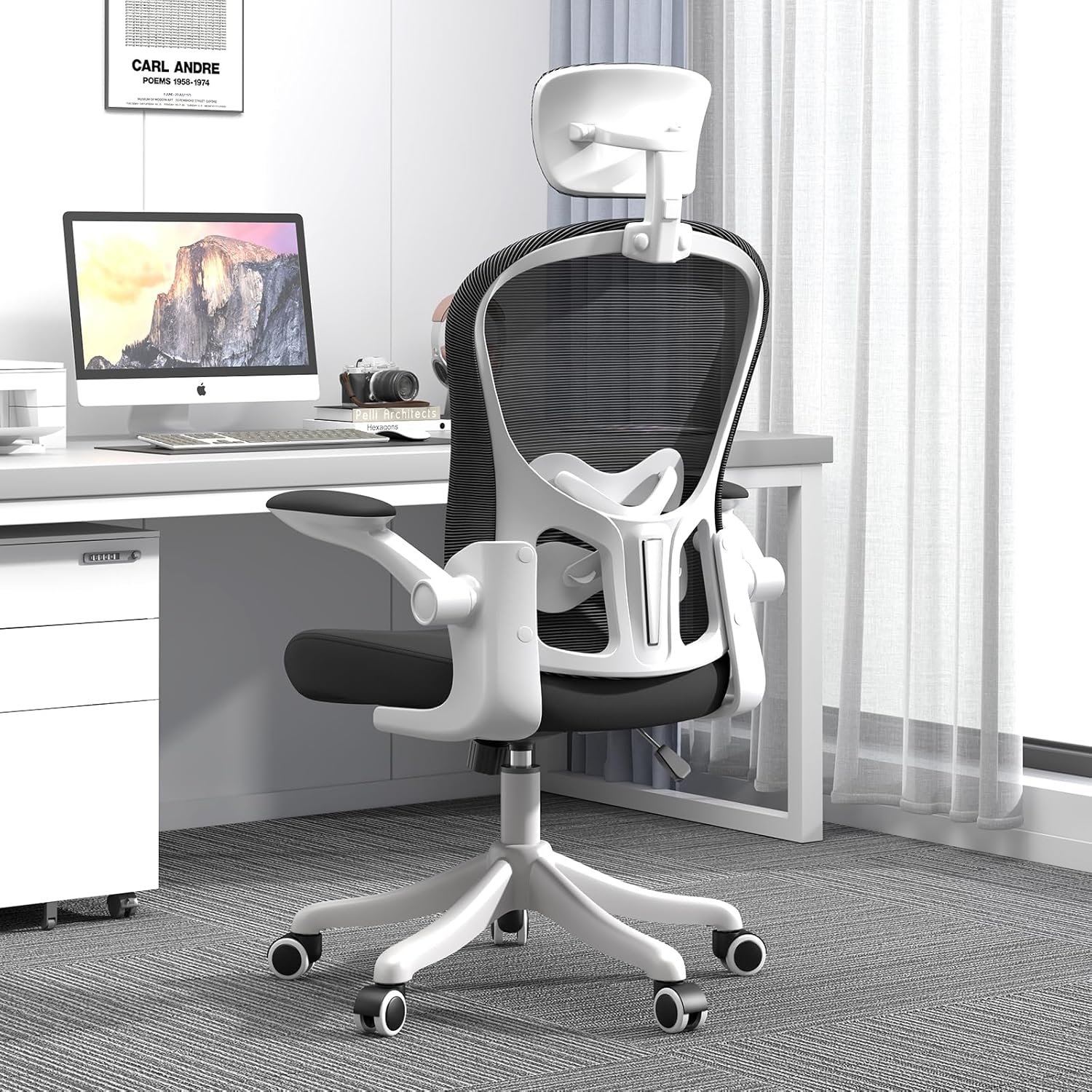 Asiento microajustable detallado, asiento de elevación y movimiento, soporte lumbar 2D, reposabrazos 2D con reposacabezas. Silla de oficina, silla de estudio, silla de juego. (W-gris) - Imagen 17