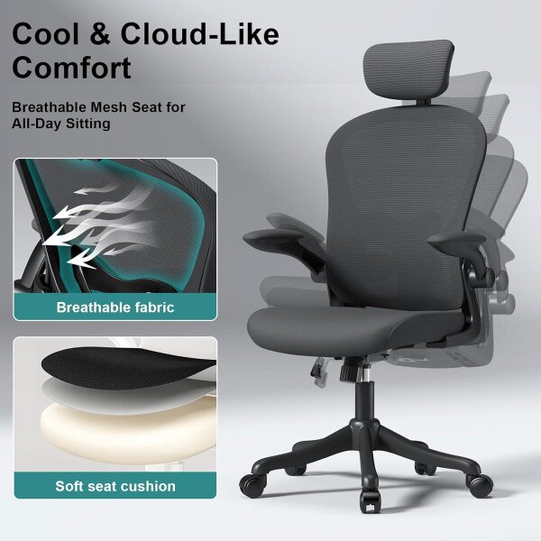Asiento microajustable detallado, asiento de elevación y movimiento, soporte lumbar 2D, reposabrazos 2D con reposacabezas. Silla de oficina, silla de estudio, silla de juego. (W-gris) - Imagen 19