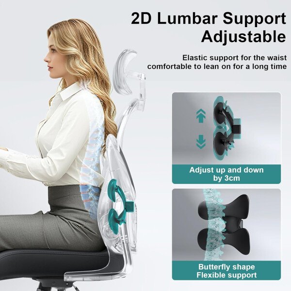 Asiento microajustable detallado, asiento de elevación y movimiento, soporte lumbar 2D, reposabrazos 2D con reposacabezas. Silla de oficina, silla de estudio, silla de juego. (W-gris) - Imagen 20