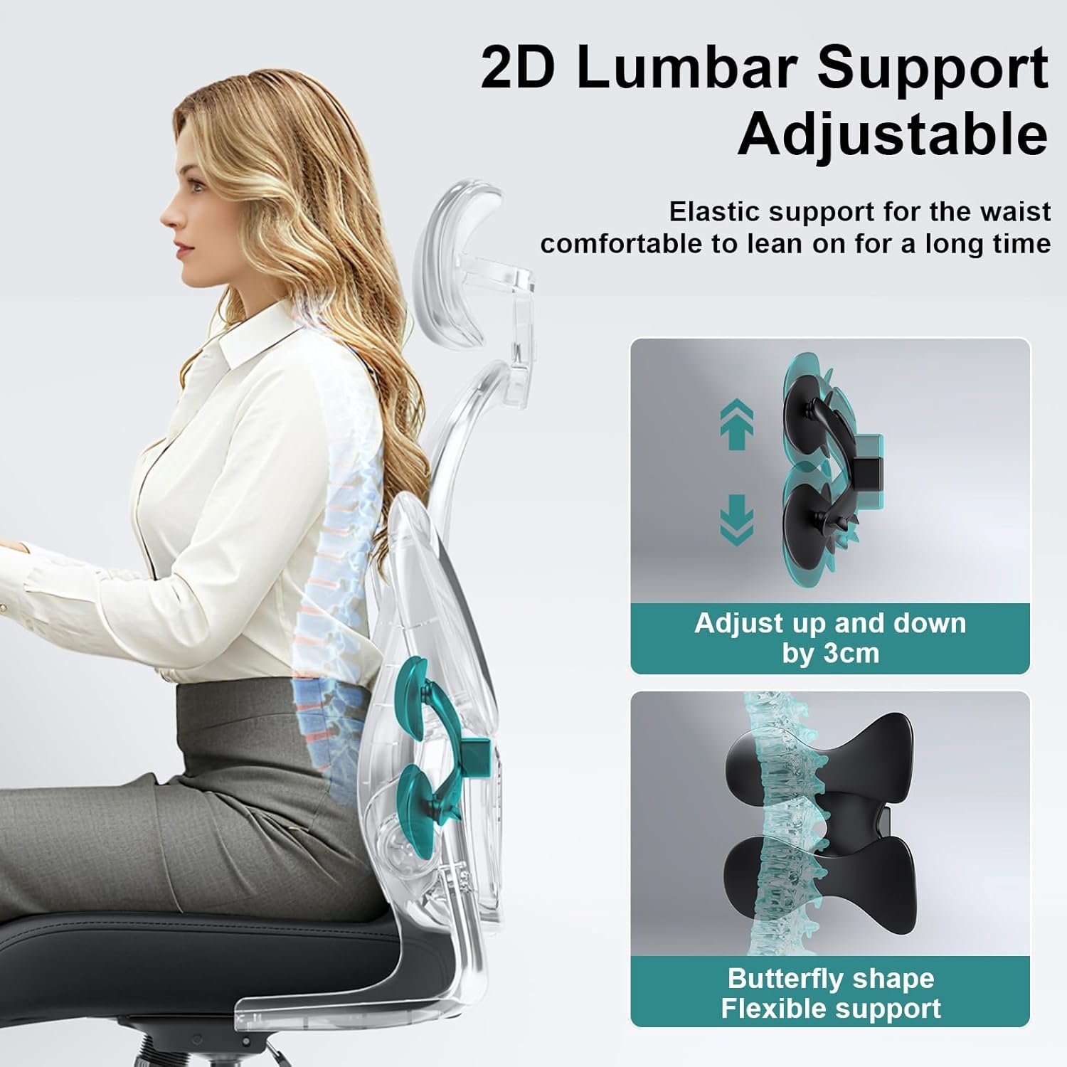 Asiento microajustable detallado, asiento de elevación y movimiento, soporte lumbar 2D, reposabrazos 2D con reposacabezas. Silla de oficina, silla de estudio, silla de juego. (W-gris) - Imagen 20