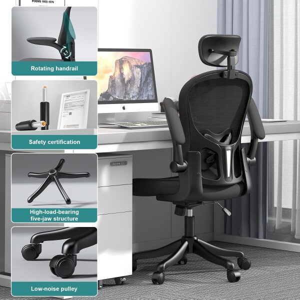 Asiento microajustable detallado, asiento de elevación y movimiento, soporte lumbar 2D, reposabrazos 2D con reposacabezas. Silla de oficina, silla de estudio, silla de juego. (W-gris) - Imagen 22