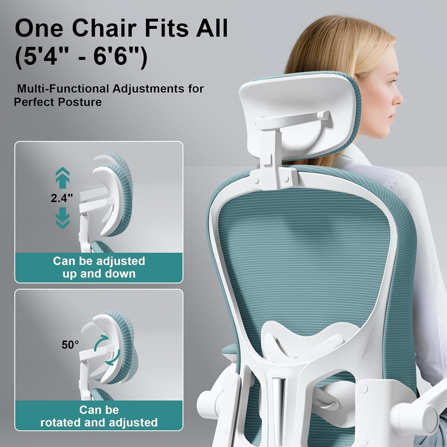 Asiento microajustable detallado, asiento de elevación y movimiento, soporte lumbar 2D, reposabrazos 2D con reposacabezas. Silla de oficina, silla de estudio, silla de juego. (W-gris) - Imagen 29