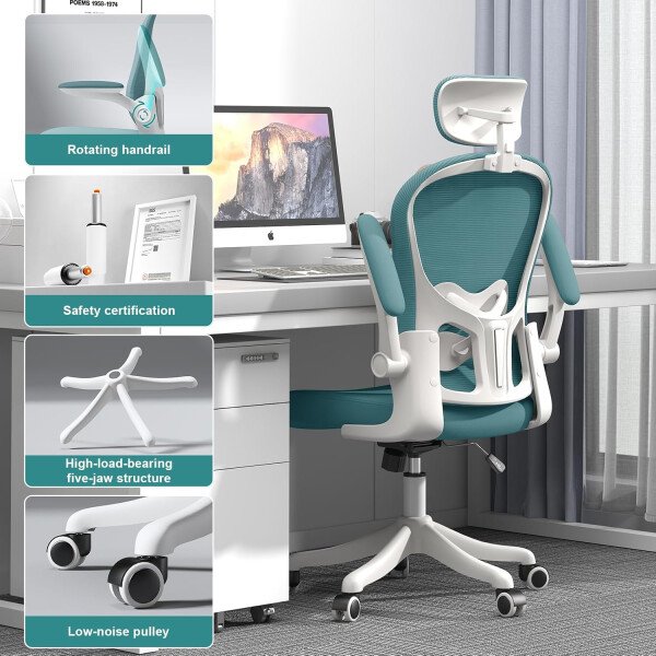 Asiento microajustable detallado, asiento de elevación y movimiento, soporte lumbar 2D, reposabrazos 2D con reposacabezas. Silla de oficina, silla de estudio, silla de juego. (W-gris) - Imagen 30