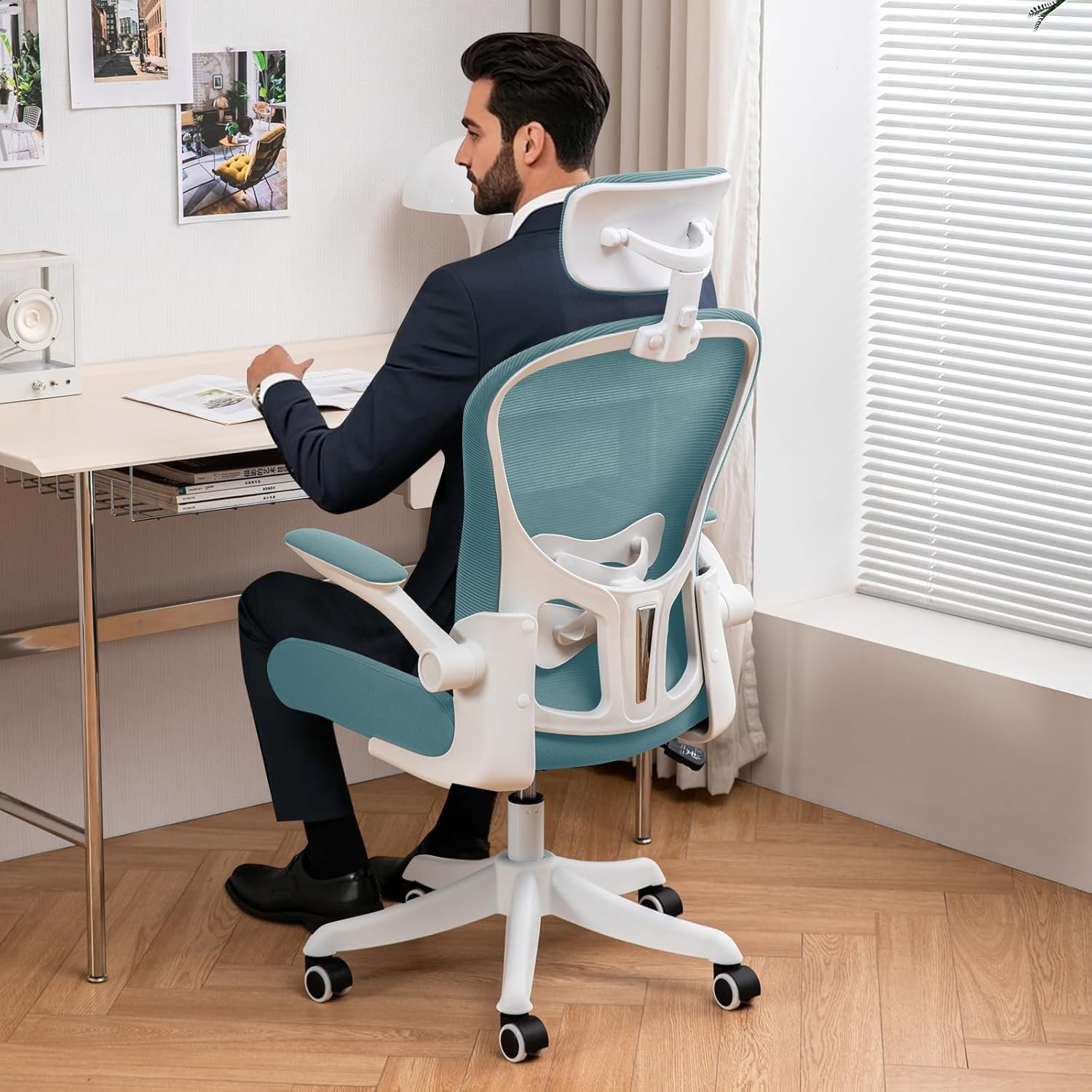 Asiento microajustable detallado, asiento de elevación y movimiento, soporte lumbar 2D, reposabrazos 2D con reposacabezas. Silla de oficina, silla de estudio, silla de juego. (W-gris) - Imagen 33