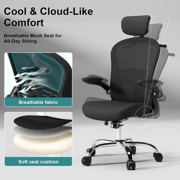 Asiento microajustable detallado, asiento de elevación y movimiento, soporte lumbar 2D, reposabrazos 2D con reposacabezas. Silla de oficina, silla de estudio, silla de juego. (W-gris) - Imagen 36