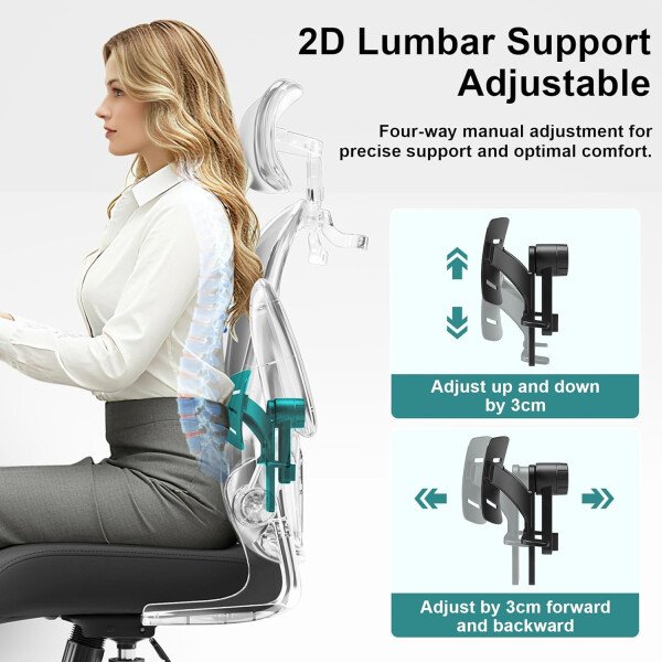 Asiento microajustable detallado, asiento de elevación y movimiento, soporte lumbar 2D, reposabrazos 2D con reposacabezas. Silla de oficina, silla de estudio, silla de juego. (W-gris) - Imagen 37