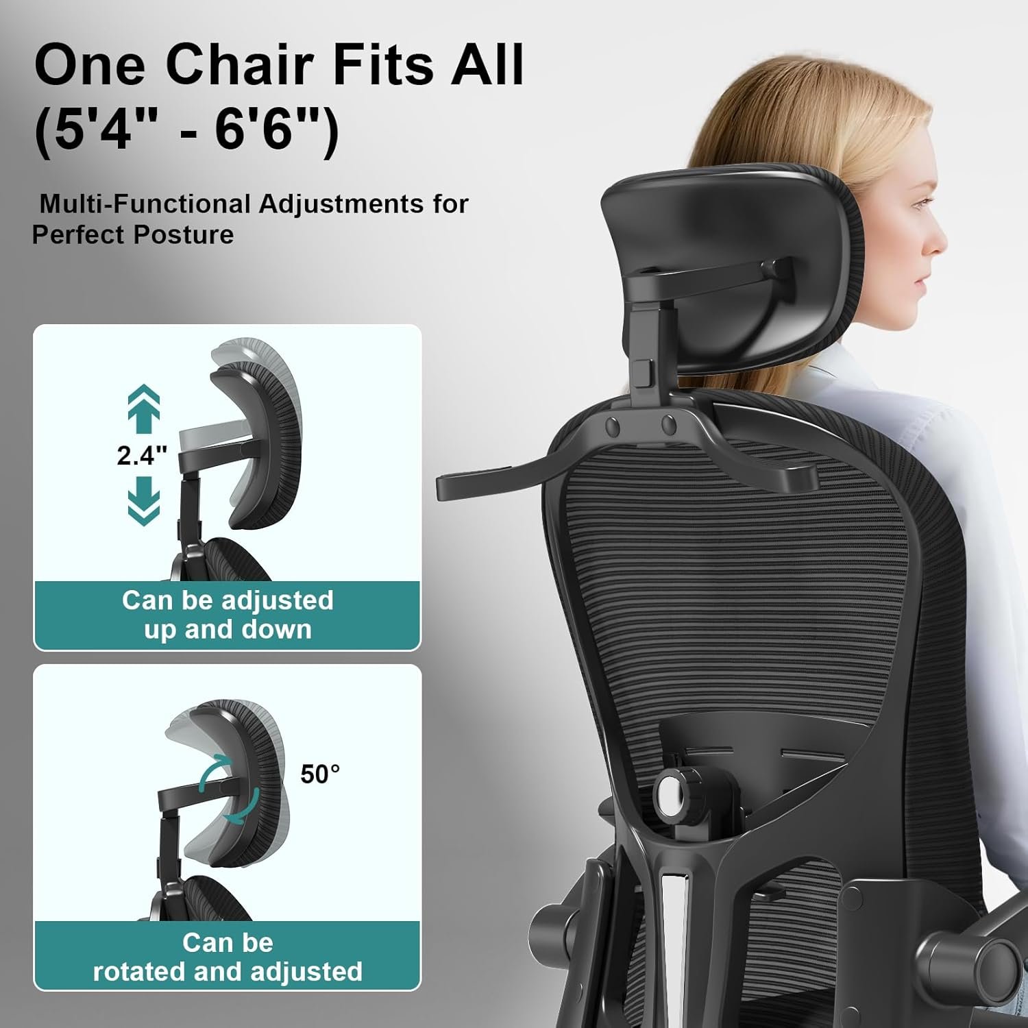Asiento microajustable detallado, asiento de elevación y movimiento, soporte lumbar 2D, reposabrazos 2D con reposacabezas. Silla de oficina, silla de estudio, silla de juego. (W-gris) - Imagen 38