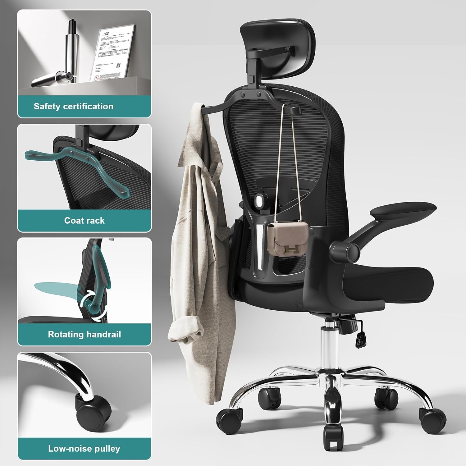 Asiento microajustable detallado, asiento de elevación y movimiento, soporte lumbar 2D, reposabrazos 2D con reposacabezas. Silla de oficina, silla de estudio, silla de juego. (W-gris) - Imagen 39