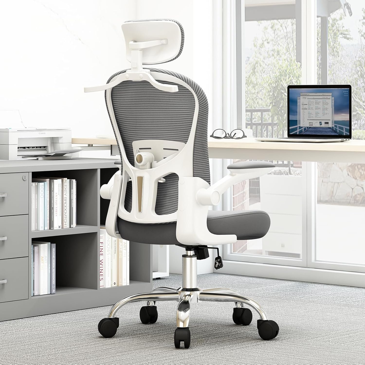 Asiento microajustable detallado, asiento de elevación y movimiento, soporte lumbar 2D, reposabrazos 2D con reposacabezas. Silla de oficina, silla de estudio, silla de juego. (W-gris) - Imagen 43