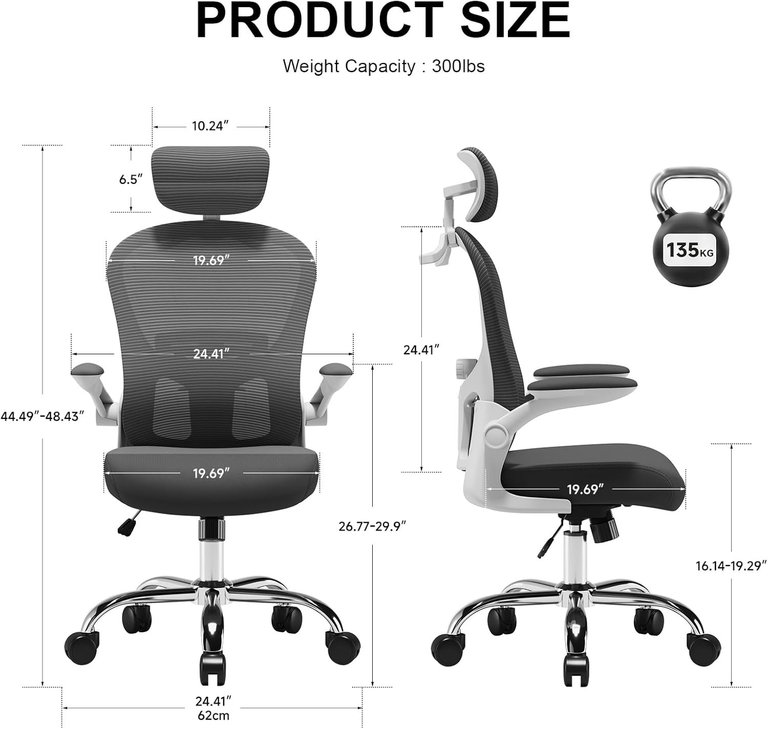 Asiento microajustable detallado, asiento de elevación y movimiento, soporte lumbar 2D, reposabrazos 2D con reposacabezas. Silla de oficina, silla de estudio, silla de juego. (W-gris) - Imagen 44