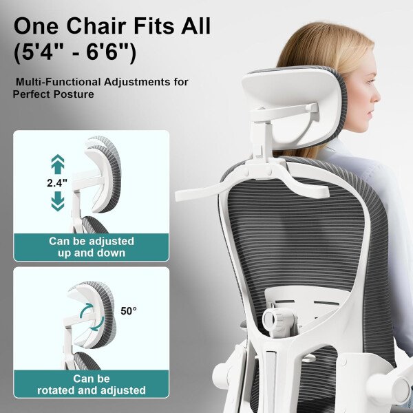 Asiento microajustable detallado, asiento de elevación y movimiento, soporte lumbar 2D, reposabrazos 2D con reposacabezas. Silla de oficina, silla de estudio, silla de juego. (W-gris) - Imagen 46