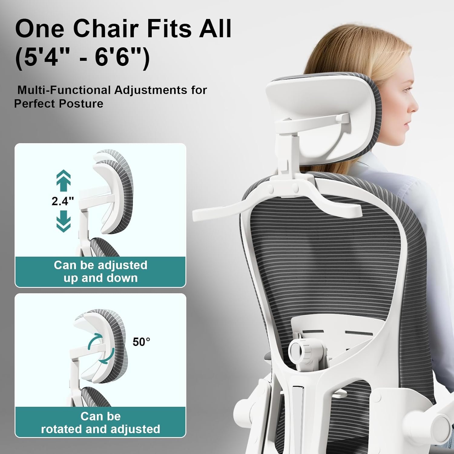 Asiento microajustable detallado, asiento de elevación y movimiento, soporte lumbar 2D, reposabrazos 2D con reposacabezas. Silla de oficina, silla de estudio, silla de juego. (W-gris) - Imagen 46