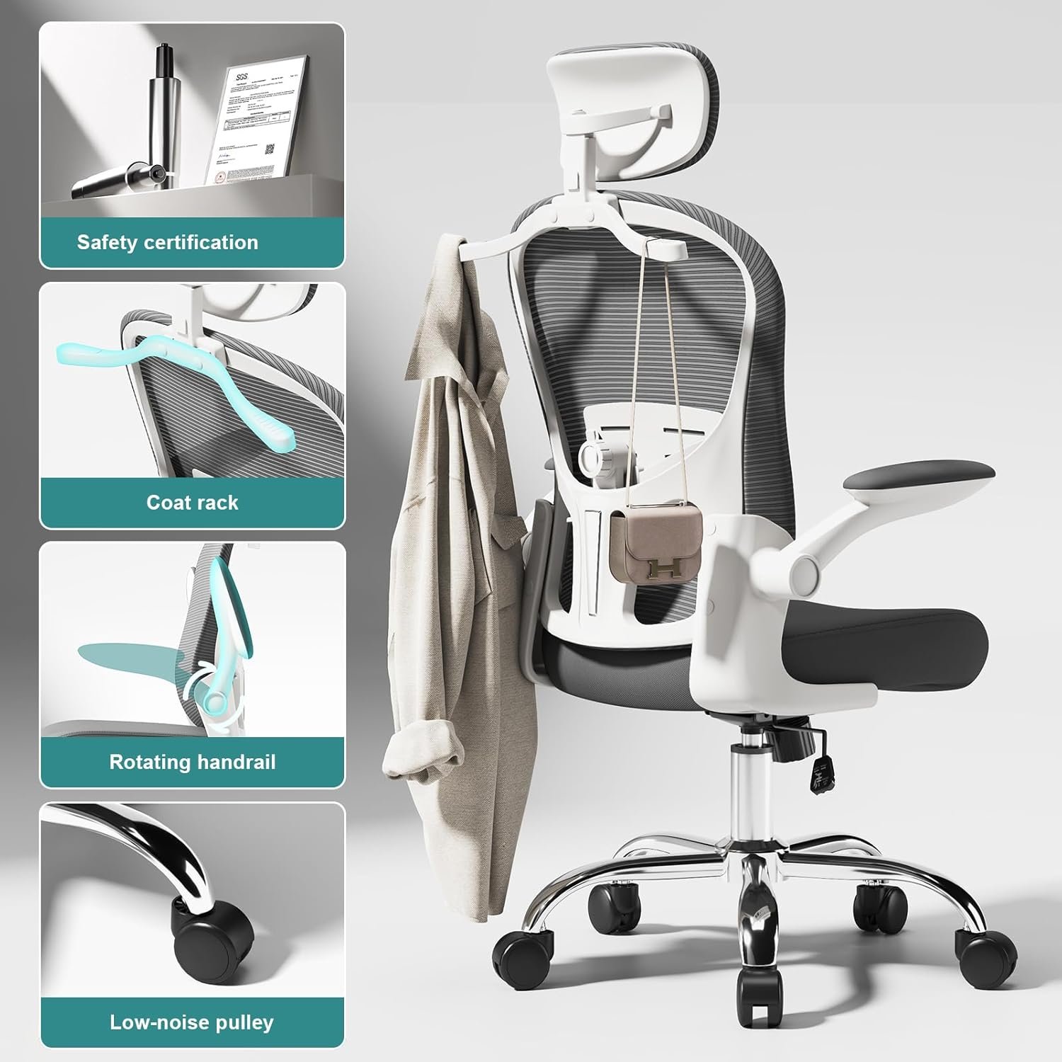 Asiento microajustable detallado, asiento de elevación y movimiento, soporte lumbar 2D, reposabrazos 2D con reposacabezas. Silla de oficina, silla de estudio, silla de juego. (W-gris) - Imagen 47
