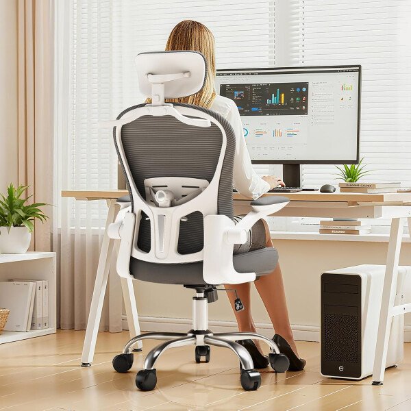 Asiento microajustable detallado, asiento de elevación y movimiento, soporte lumbar 2D, reposabrazos 2D con reposacabezas. Silla de oficina, silla de estudio, silla de juego. (W-gris) - Imagen 49