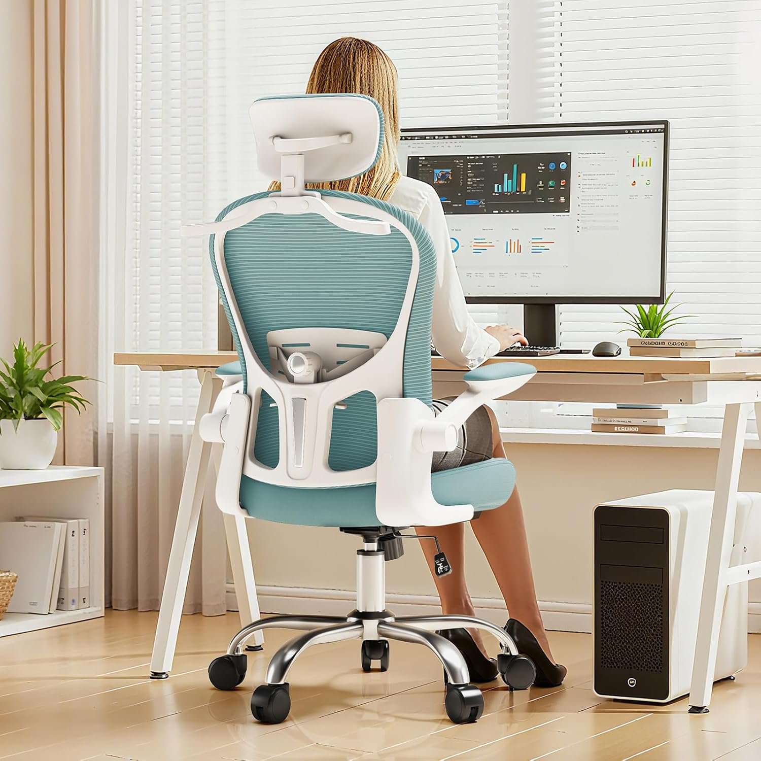 Asiento microajustable detallado, asiento de elevación y movimiento, soporte lumbar 2D, reposabrazos 2D con reposacabezas. Silla de oficina, silla de estudio, silla de juego. (W-gris) - Imagen 52